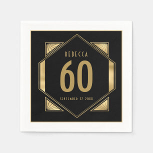 Art Deco Frame 60th Birthday Name Date Gold Black Napkin
