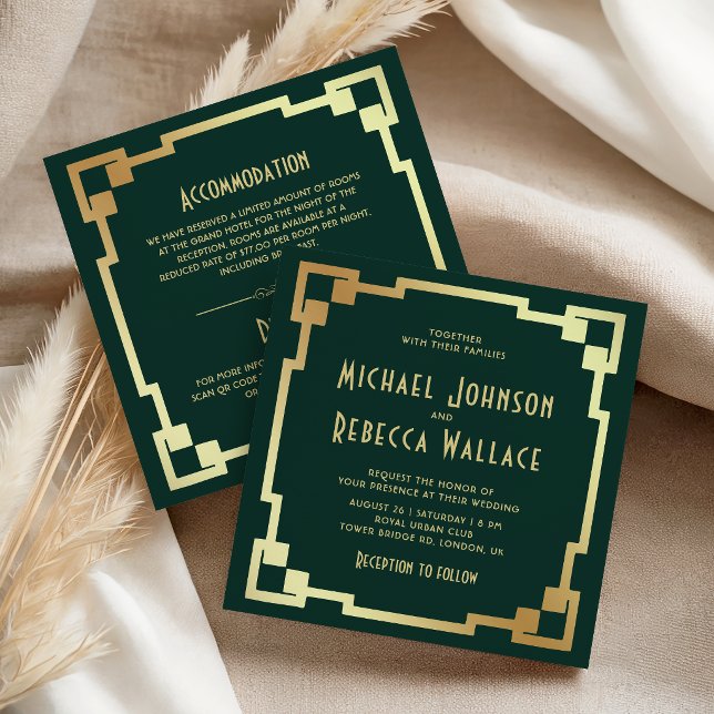 Art Deco Frame Emerald Gold All in One Wedding Invitation (Creator Uploaded)