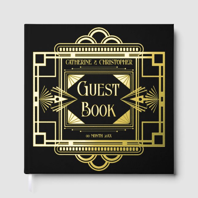 Art deco Gatsby 20's black real foil gold Guest Book (Front)