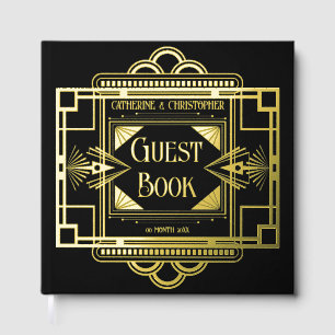 Art deco Gatsby 20's black real foil gold Guest Book