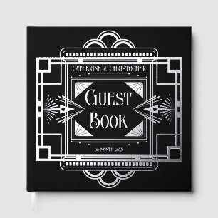 Art deco Gatsby 20's black real foil silver Guest Book