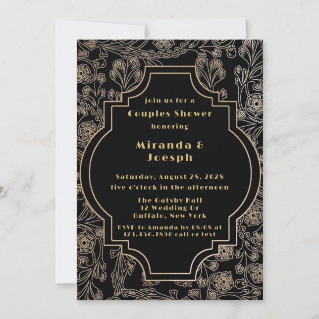 Art Deco Gatsby Black Gold Flower Couples Shower Invitation (Front)
