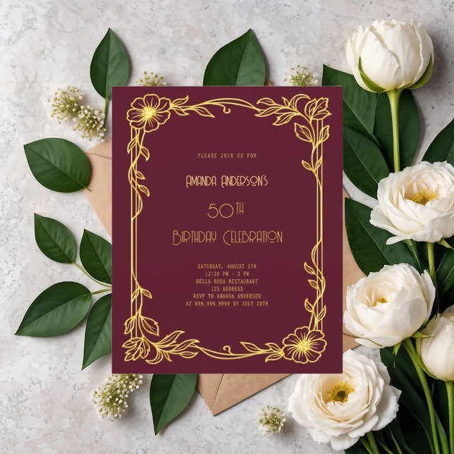 Art Deco Gatsby burgundy gold birthday invitation (Creator Uploaded)