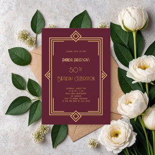 Art Deco Gatsby burgundy gold birthday Invitation