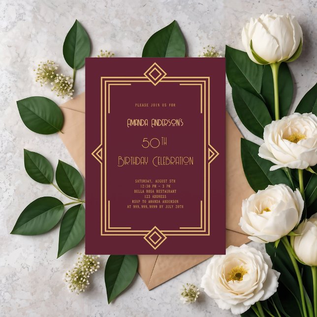 Art Deco Gatsby burgundy gold birthday Invitation (Creator Uploaded)