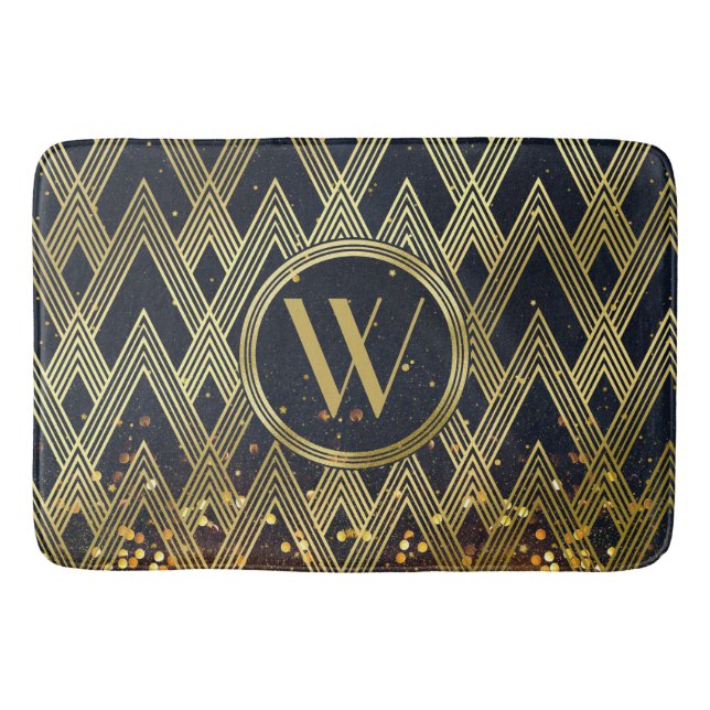 Art Deco Gatsby Glamour Geometric Pattern Monogram Bath Mat (Front)