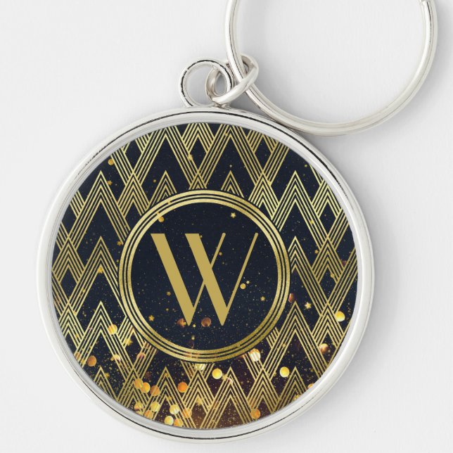 Art Deco Gatsby Glamour Geometric Pattern Monogram Key Ring (Front)