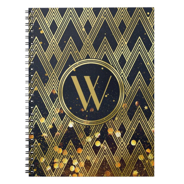 Art Deco Gatsby Glamour Geometric Pattern Monogram Spiral Notebook (Front)