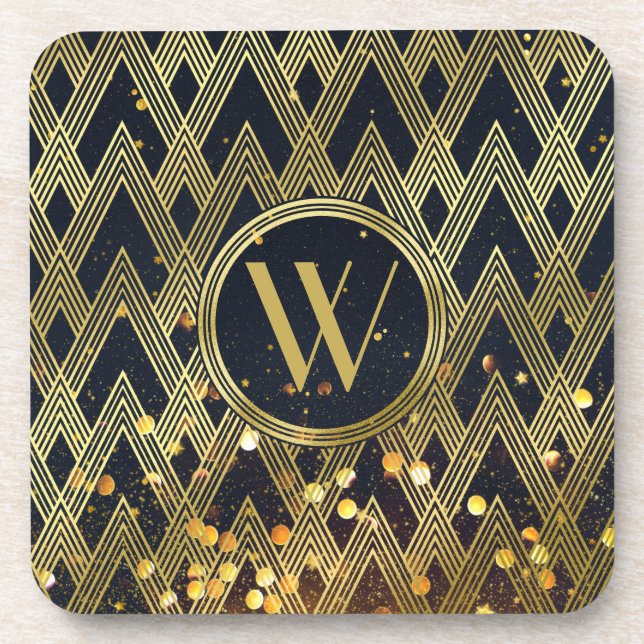 Art Deco Gatsby Glitter Geometric Pattern Monogram Coaster (Front)