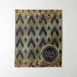 Art Deco Gatsby Glitter Geometric Pattern Monogram Tapestry<br><div class="desc">Add some 1920s glamour to your look with this gorgeous Art Deco design. Geometric pattern in gold glitter against a dark night sky background with glowing stars, golden bokeh lights and sparkling gold confetti make up a vibrant, luxurious design that feels at home in the Roaring Twenties as well as...</div>