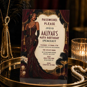 Art Deco Gatsby Roaring 20s Burgundy Gold Birthday Invitation