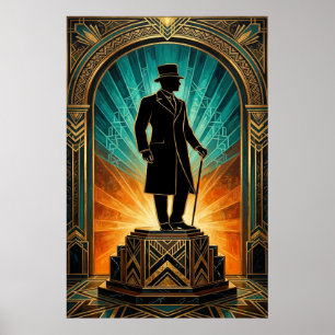 Art Deco Gentleman Silhouette Top Hat Cane Poster