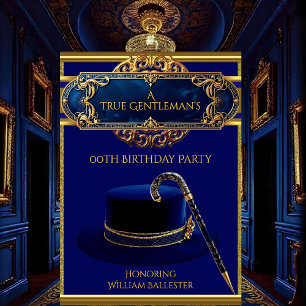 Art Deco Gentlemens Hat Cane Gold Navy Birthday Invitation