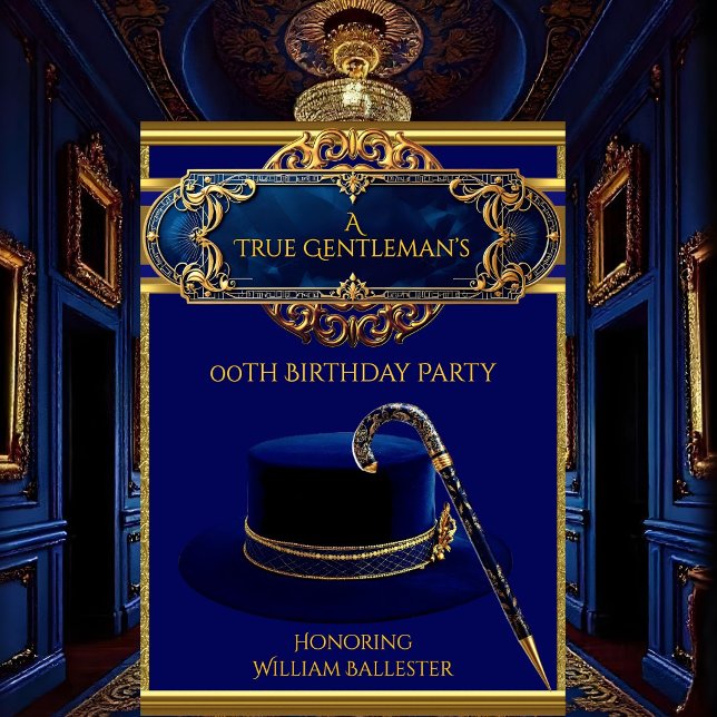 Art Deco Gentlemens Hat Cane Gold Navy Birthday Invitation (Creator Uploaded)