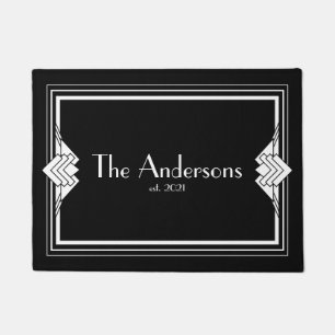 Art Deco Geometric Black White Family Name Doormat