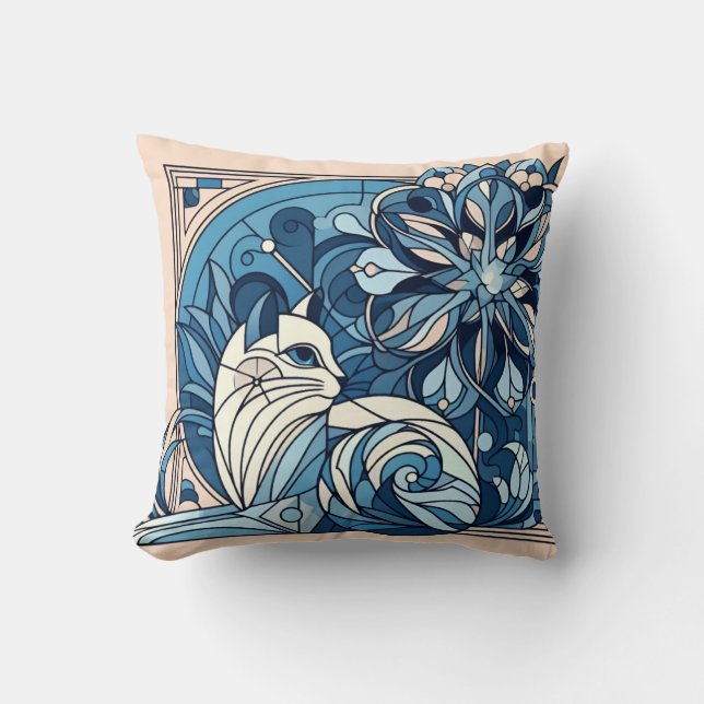 Art deco geometric blue cat. cushion (Front)