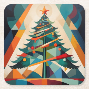 Art Deco Geometric Christmas Tree Triangle Square Paper Coaster