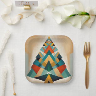 Art Deco Geometric Christmas Triangle Branches Paper Plate