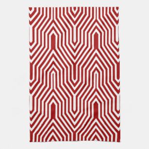 Art Deco Geometric - dark red and white Tea Towel