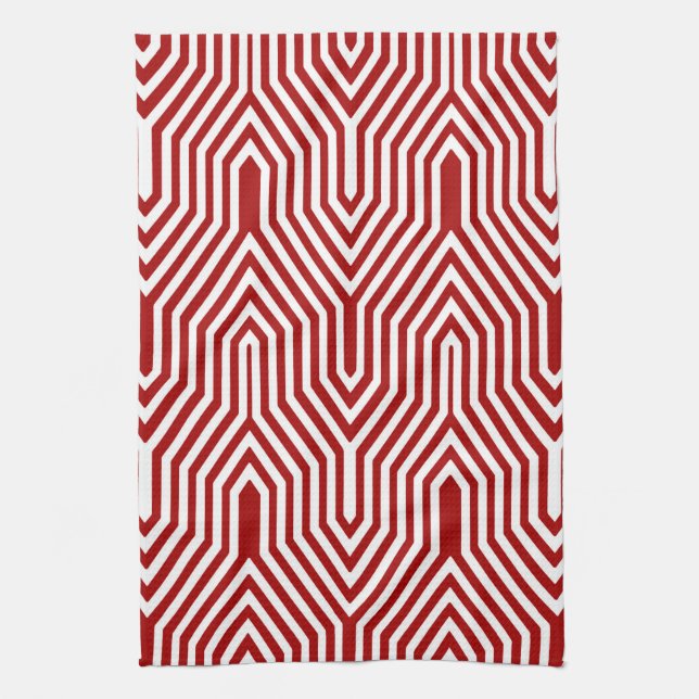 Art Deco Geometric - dark red and white Tea Towel (Vertical)
