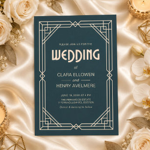 Art Deco Geometric Dark Teal Wedding Invitation
