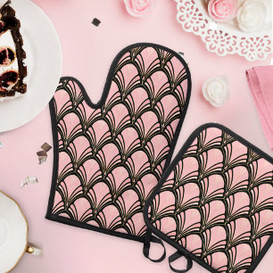 Art Deco Geometric Flower Pattern Oven Mitt & Pot Holder Set