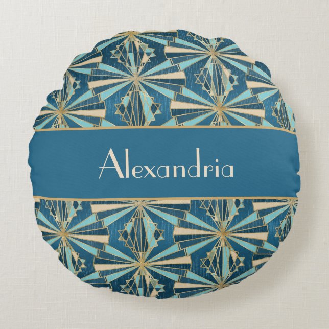 Art Deco Geometric Gold, Blue & Teal Luxury Glam Round Cushion (Front)