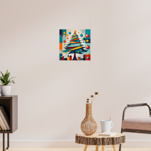 Art Deco Geometric Joyful Christmas Tree with Gift Poster