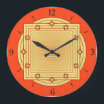 Art Deco Geometric, Mandarin Orange and Yellow Large Clock<br><div class="desc">Clock in overlapping geometric patterns, consisting on gradient stripes, ranging from light to deep golden yellow, on a deep mandarin orange / tangerine background, with 3-d look diamond shaped accents at the hours.</div>