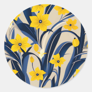 Art Deco Geometric Pattern with Navy Blue Yellow Classic Round Sticker