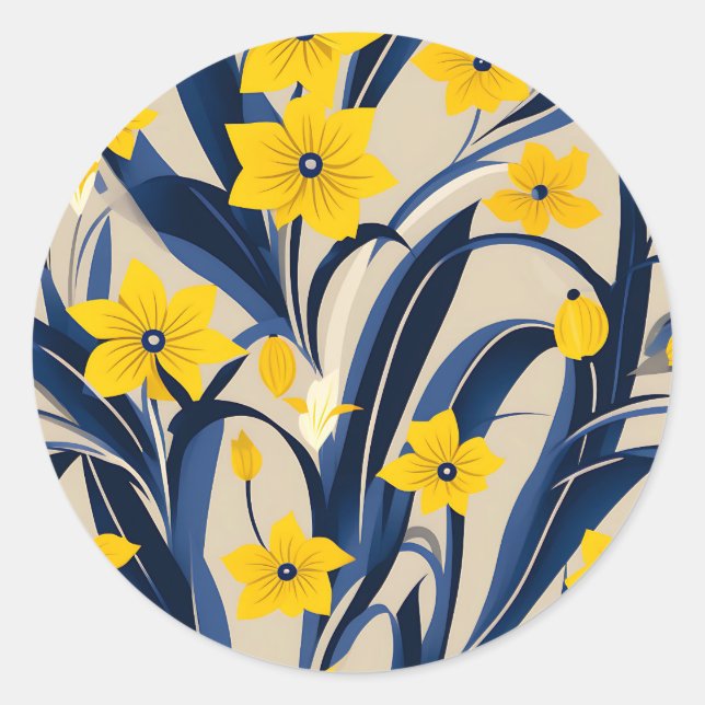 Art Deco Geometric Pattern with Navy Blue Yellow Classic Round Sticker (Front)