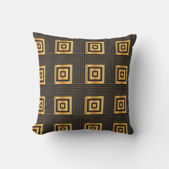 Art Deco Geometric Squares black & gold Cushion (Front)