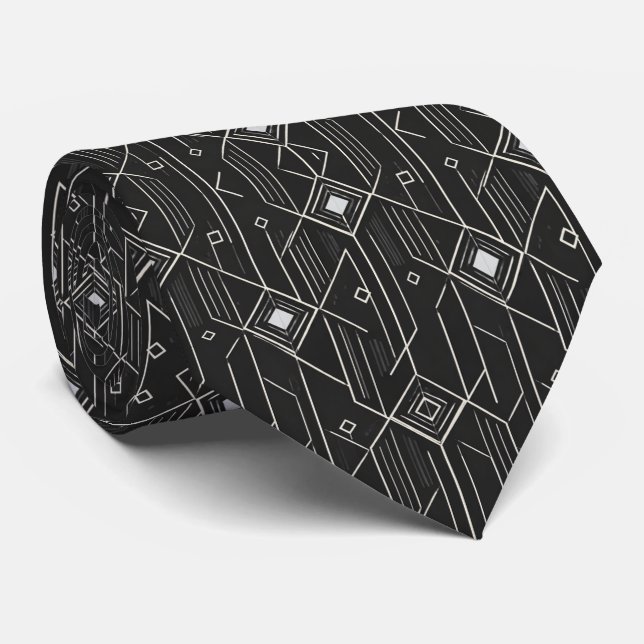 Art Deco Geometry Black & Silver Luxury Pattern Tie (Rolled)