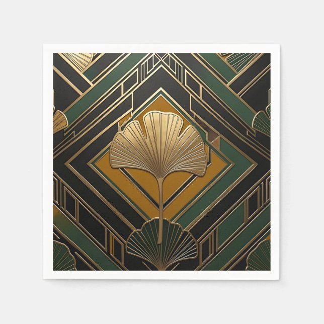 Art Deco Ginkgo Leaf Gold Geometric Pattern Napkin (Front)