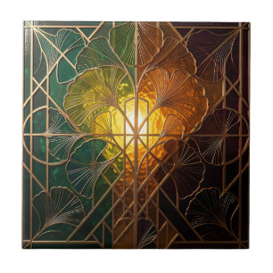 Art Deco Ginkgo Leaf Stained Glass Design Tile