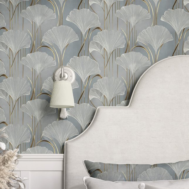 Art Deco Ginkgo Leaves on Blue Wallpaper (Creator Uploaded)