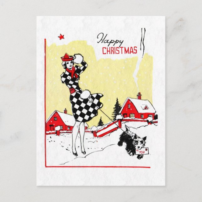 Art Deco Girl and Scotty Dog Holiday Postcard (Front)