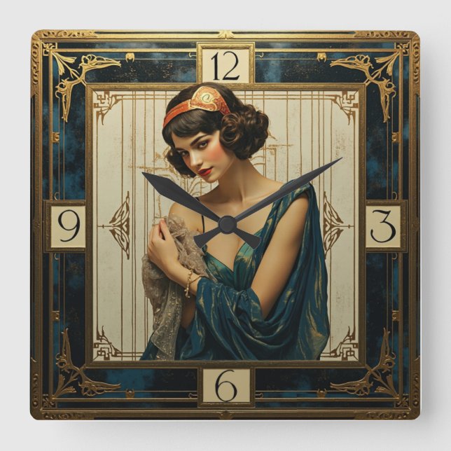Art Deco Girl Square Wall Clock (Front)