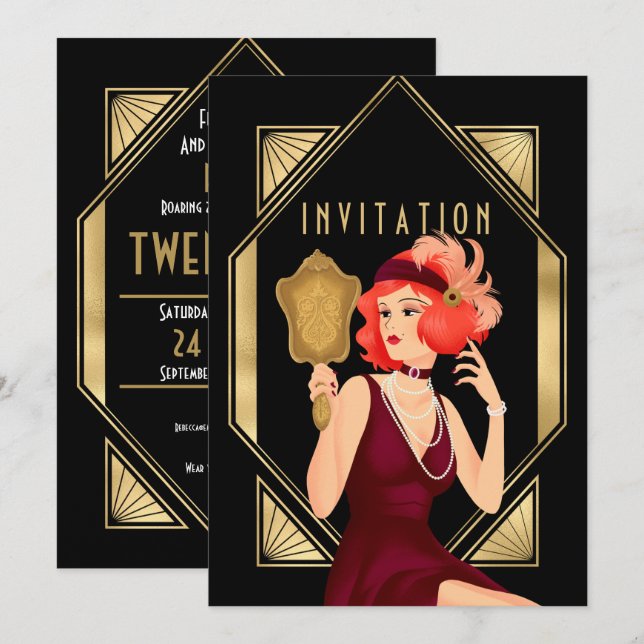 Art Deco Glam Girl 21st Birthday Gold Black Invitation (Front/Back)