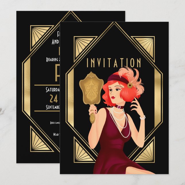Art Deco Glam Girl 50th Birthday Gold Black Invitation (Front/Back)