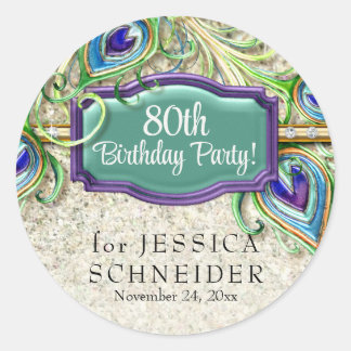 Art Deco Glam Peacock Feather Any Birthday Party  Classic Round Sticker