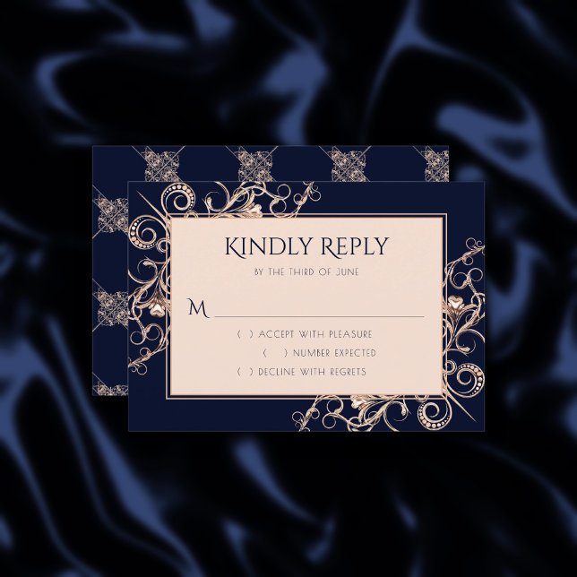 Art Deco Glamour | Navy Blue Rose Gold Ornamental RSVP Card (Creator Uploaded)