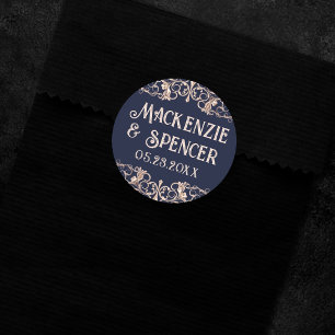 Art Deco Glamour   Navy Blue Rose Gold Wedding Classic Round Sticker