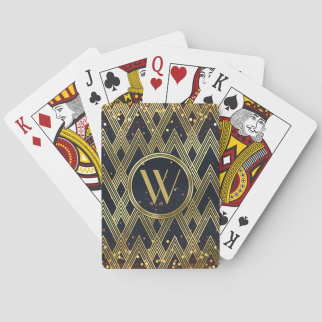 Art Deco Glamourous Geometric Pattern Monogram Playing Cards (Back)