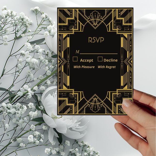 Art Deco Glamourous Gold on Black Wedding RSVP Card (Creator Uploaded)