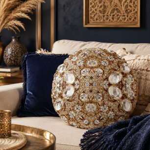  Art Deco Glamourous Vintage Fashion Beige Gold Round Cushion