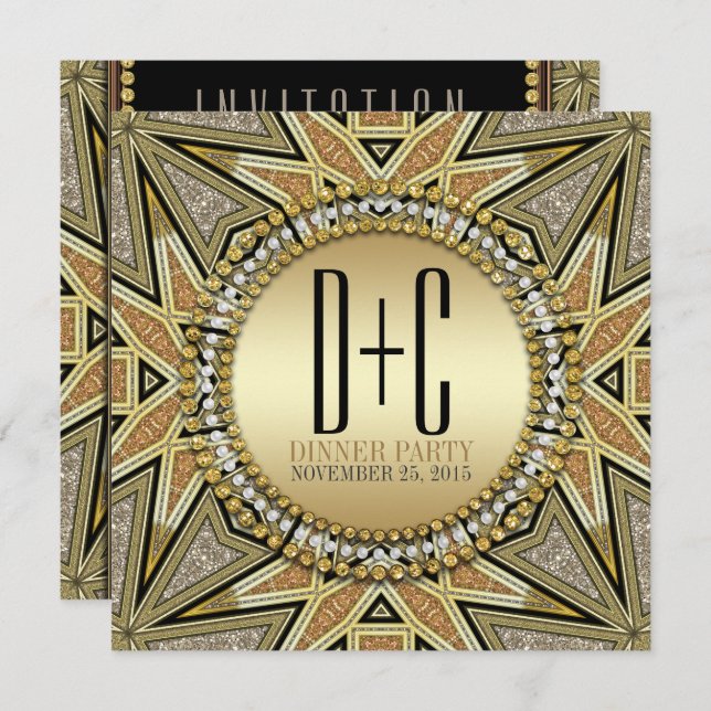 Art Deco Glittery Gold Dinner Party Invitations (Front/Back)