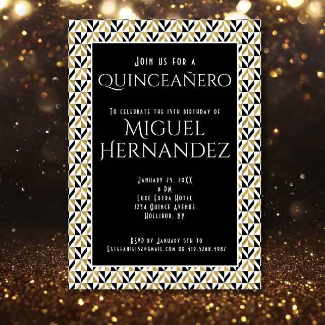 Art Deco Gold And Black Quinceañero 15th Birthday Invitation (Creator Uploaded)