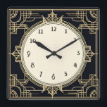 Art Deco Gold and Black Square Frame Square Wall Clock<br><div class="desc">art deco clock, art nouveau clock, gold and black, 1920s square, stylish sophisticated 1920 style, retro vintage antique, old fashioned fancy, faux golden line art, simple minimalist square clock, minimal elegant pattern design</div>