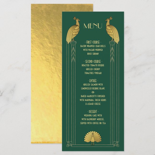Art Deco Gold and Geen Peacock Wedding menu card (Front/Back)
